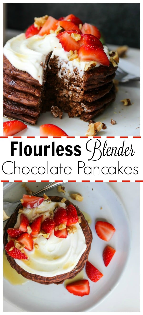 Flourless Blender Chocolate Pancakes (gluten free) | dishingouthealth.com