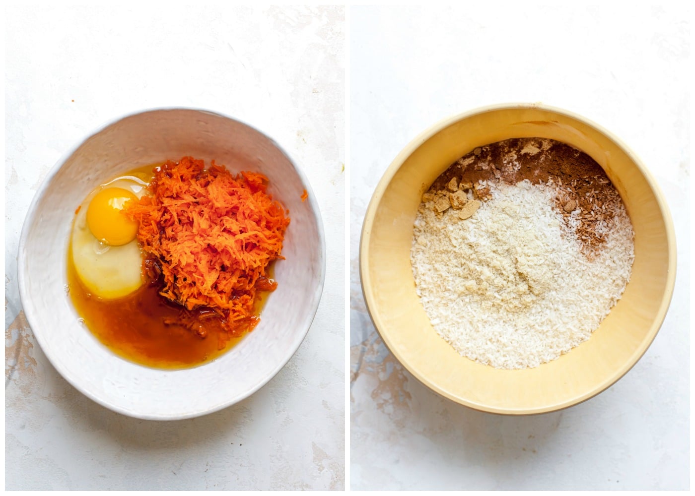Wet ingredients and dry ingredients being mixed in two separate bowls.