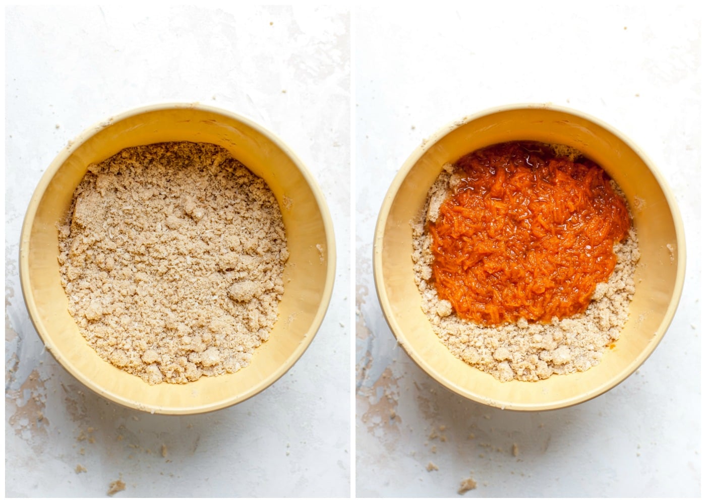 Dry ingredients being combined with wet ingredients in a large yellow bowl.