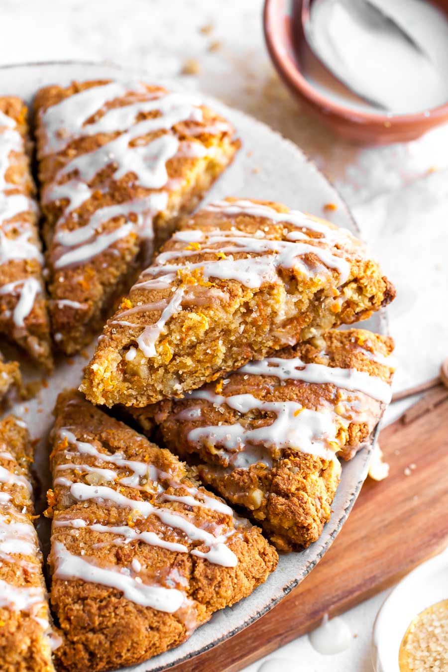 Carrot cake gluten free scones sliced and turned on the side to show inside texture.