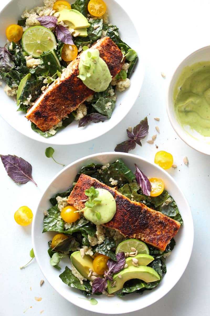 Blackened Salmon Bowls with Avocado Sauce | dishingouthealth.com