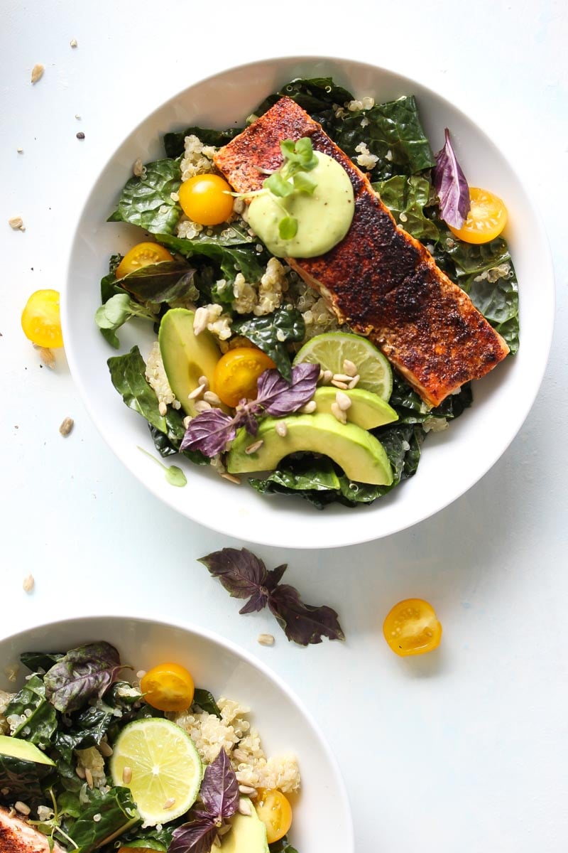 Blackened Salmon Bowls with Avocado Sauce | dishingouthealth.com