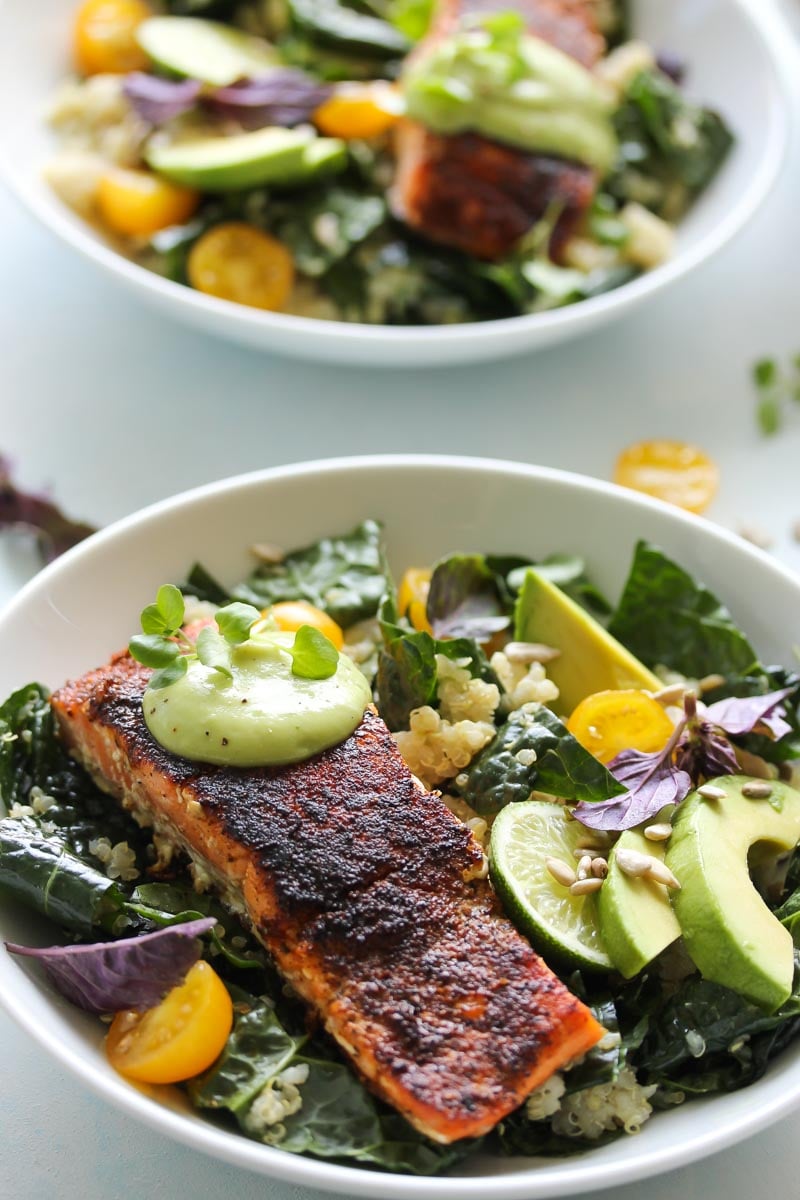 Blackened Salmon Bowls with Avocado Sauce | dishingouthealth.com