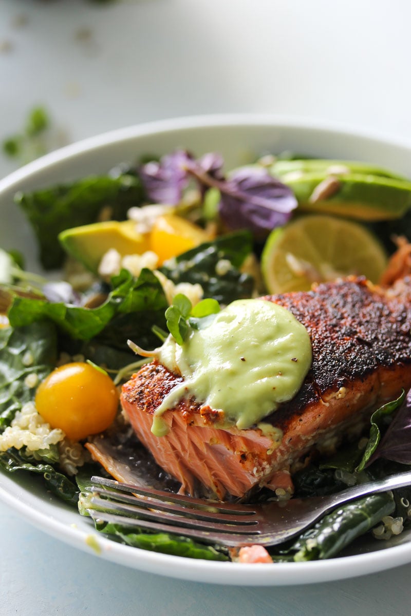 Blackened Salmon Bowls with Avocado Sauce | dishingouthealth.com