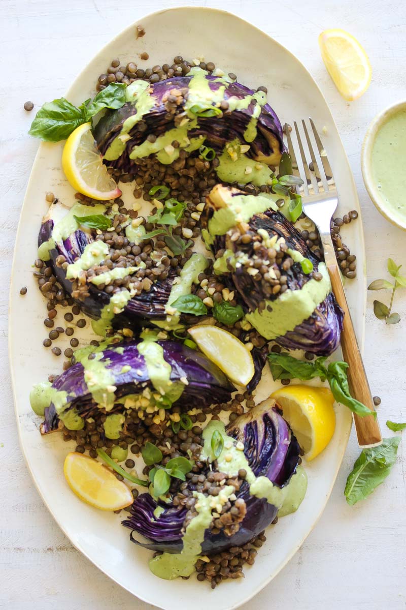 Charred Cabbage with Lentils and Green Tahini | dishingouthealth.com