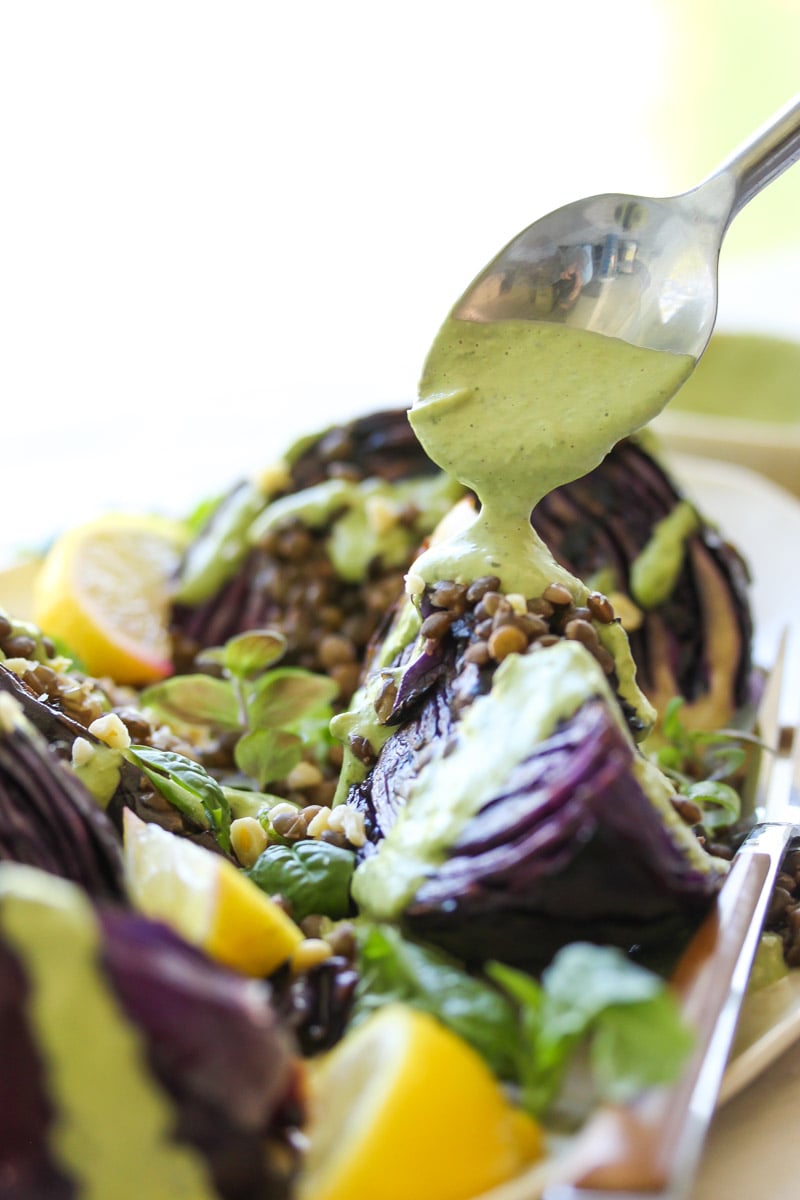 Charred Cabbage with Lentils and Green Tahini | dishingouthealth.com