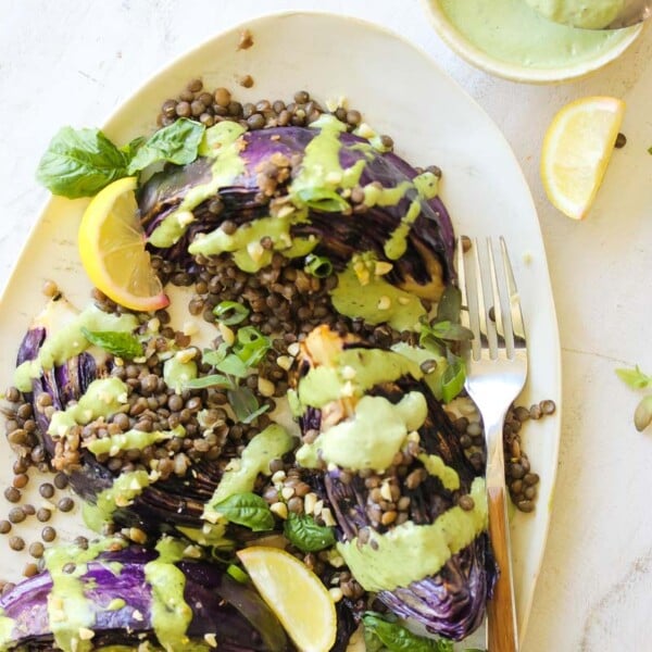 Charred Cabbage with Lentils and Green Tahini | dishingouthealth.com