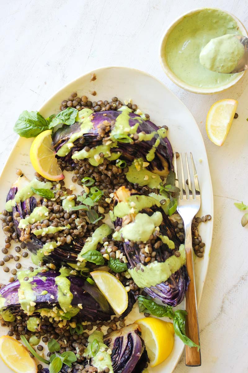Charred Cabbage with Lentils and Green Tahini | dishingouthealth.com