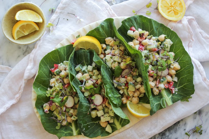 Chickpea Tahini Salad Collard Wraps | dishingouthealth.com