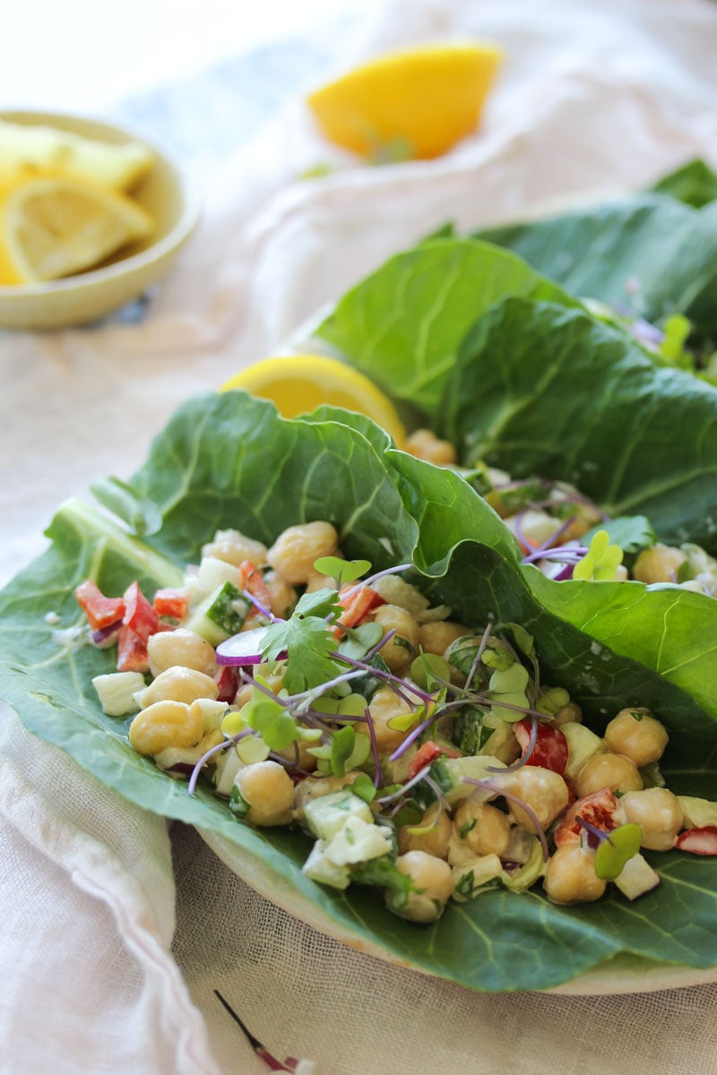 Chickpea Tahini Salad Collard Wraps | dishingouthealth.com