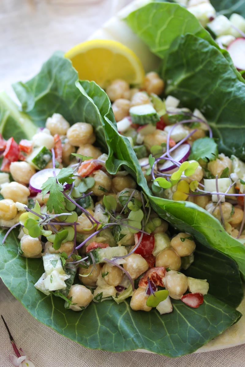 Chickpea Tahini Salad Collard Wraps | dishingouthealth.com