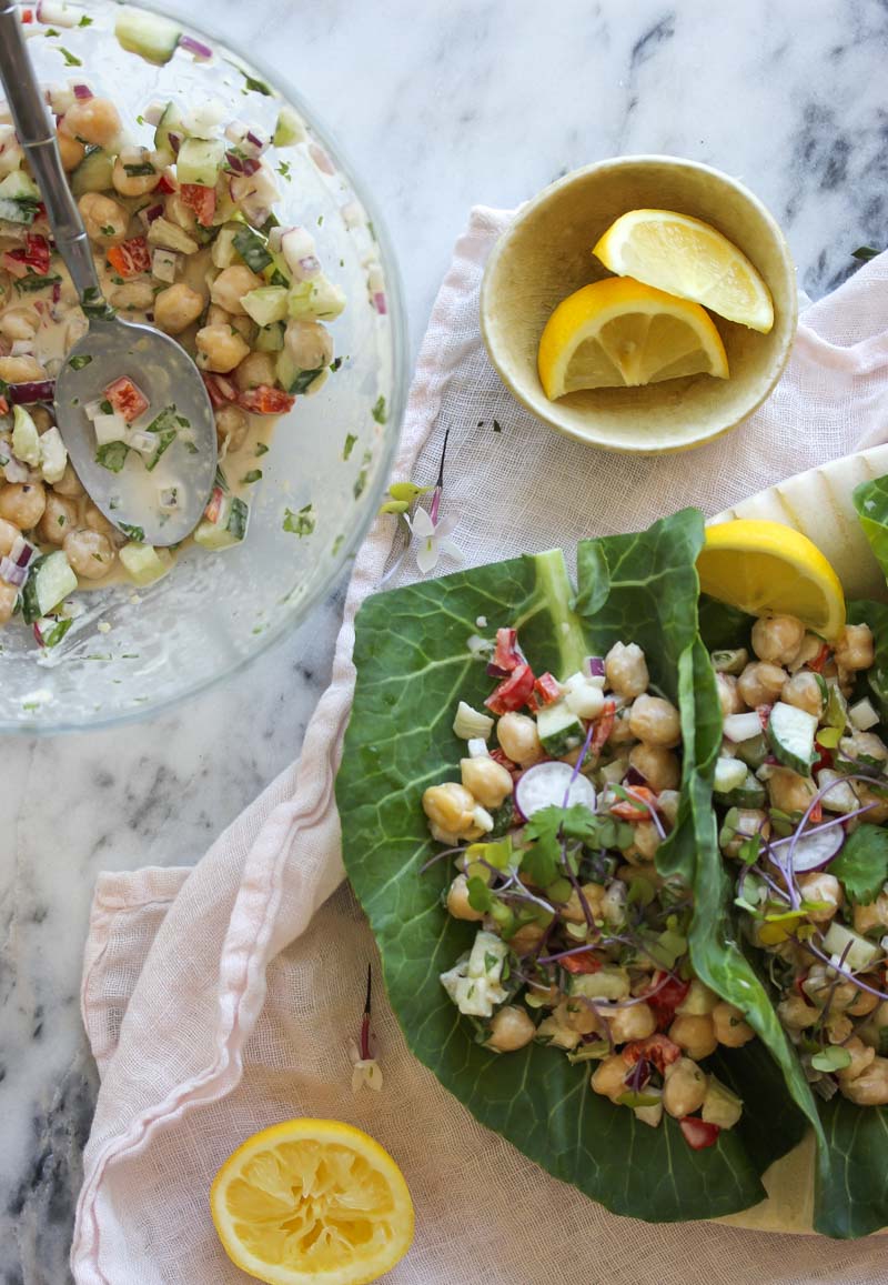 Chickpea Tahini Salad Collard Wraps | dishingouthealth.com