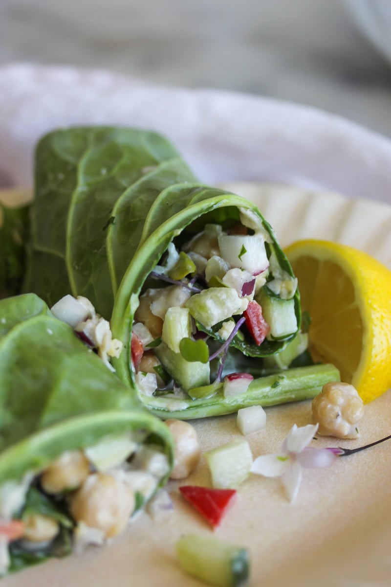 Chickpea Tahini Salad Collard Wraps | dishingouthealth.com