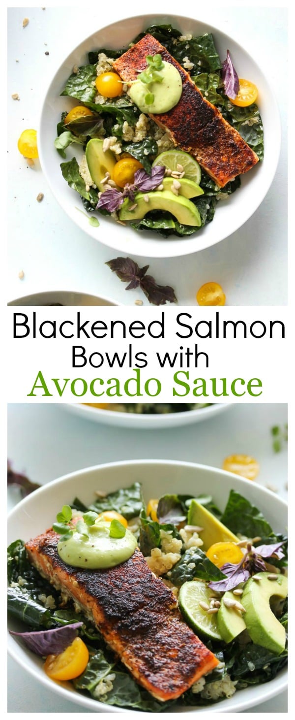 Blackened Salmon Bowls with Avocado Sauce | dishingouthealth.com