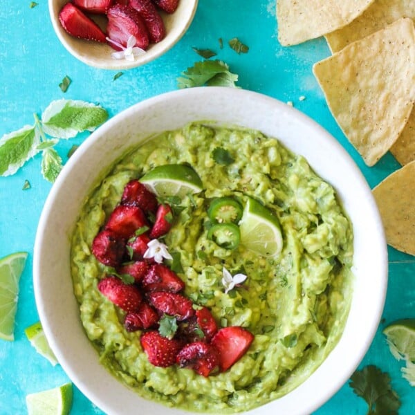 Roasted Strawberry Guacamole (vegan, gluten free) | dishingouthealth.com