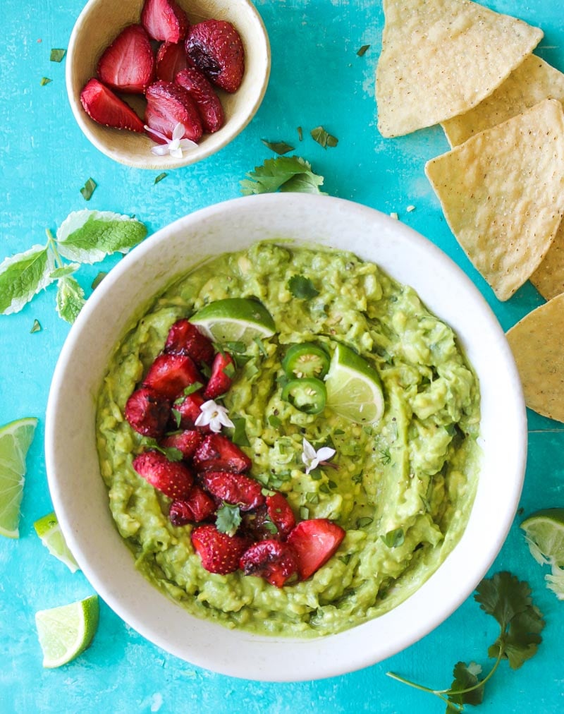Roasted Strawberry Guacamole (vegan, gluten free) | dishingouthealth.com