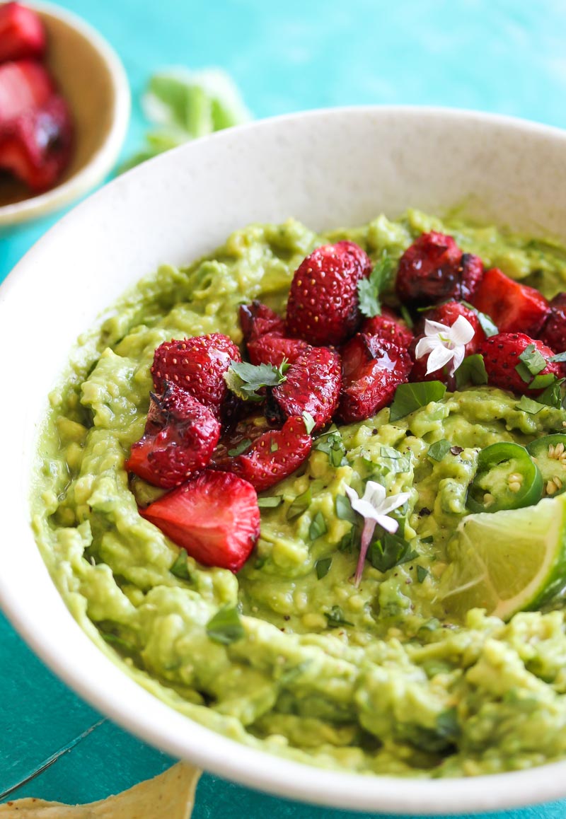 Roasted Strawberry Guacamole (vegan, gluten free) | dishingouthealth.com