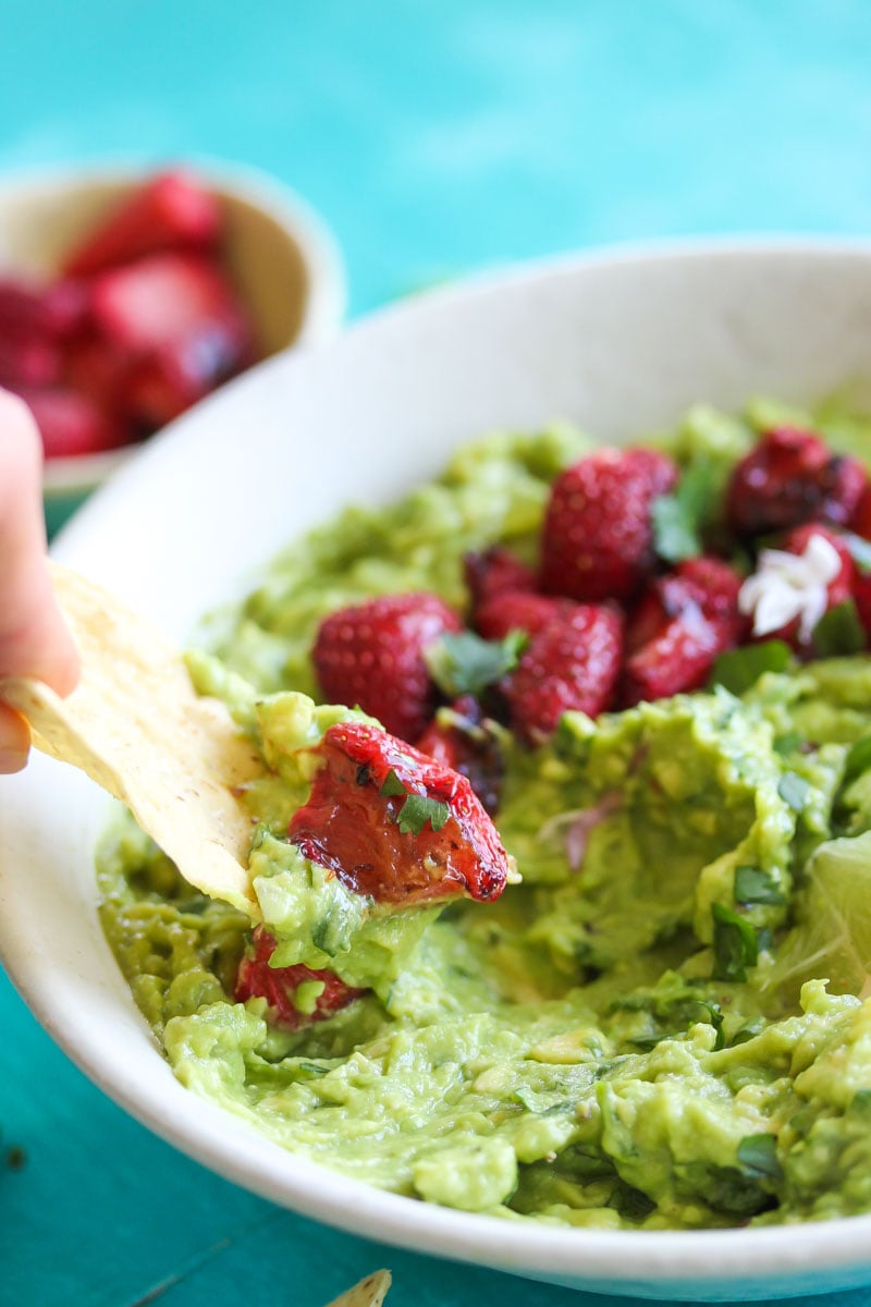 Roasted Strawberry Guacamole (vegan, gluten free) | dishingouthealth.com