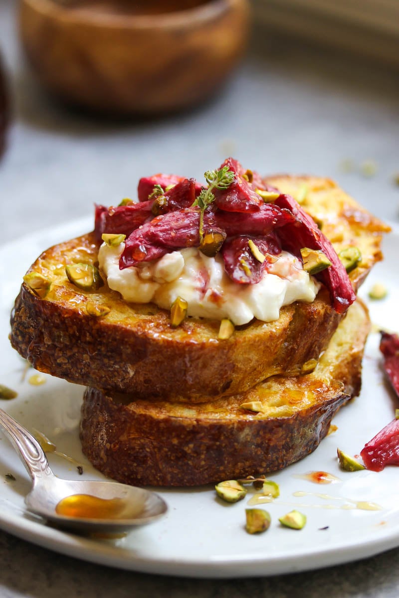 Vanilla Roasted Rhubarb French Toast | dishingouthealth.com