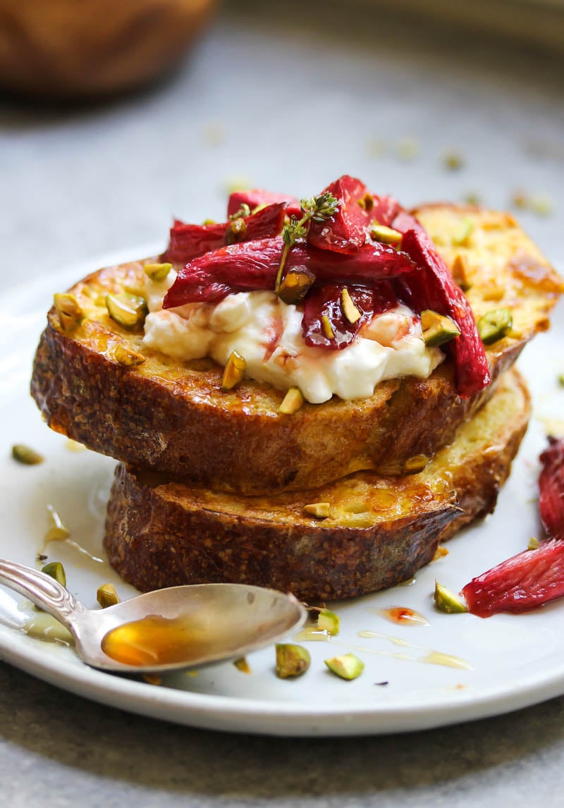 Vanilla Roasted Rhubarb French Toast | dishingouthealth.com