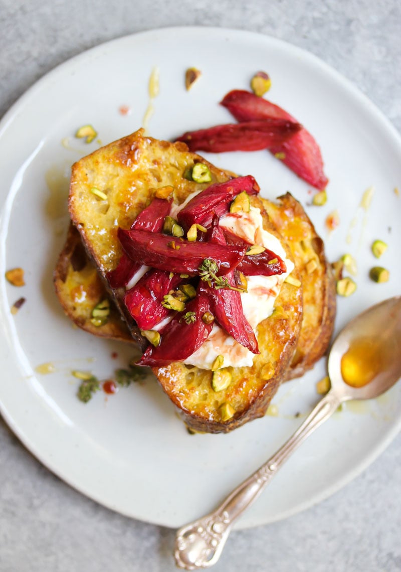 Vanilla Roasted Rhubarb French Toast | dishingouthealth.com