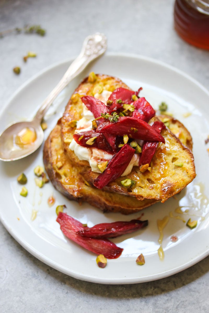 Vanilla Roasted Rhubarb French Toast | dishingouthealth.com