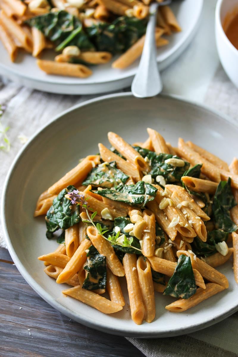 Kale Pasta with Sun-dried Tomato Cashew Sauce (vegan) | dishingouthealth.com