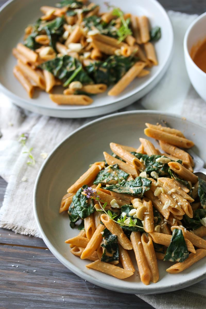Kale Pasta with Sun-dried Tomato Cashew Sauce (vegan) | dishingouthealth.com