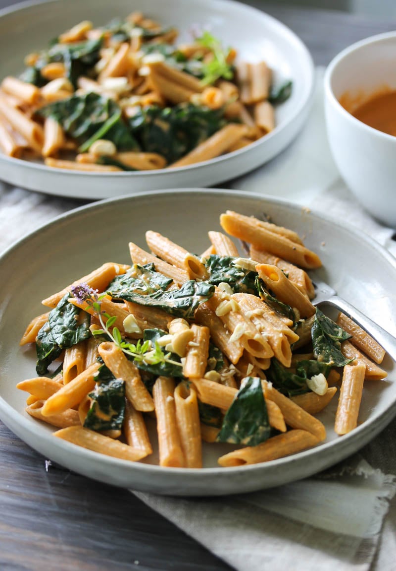 Kale Pasta with Sun-dried Tomato Cashew Sauce (vegan) | dishingouthealth.com