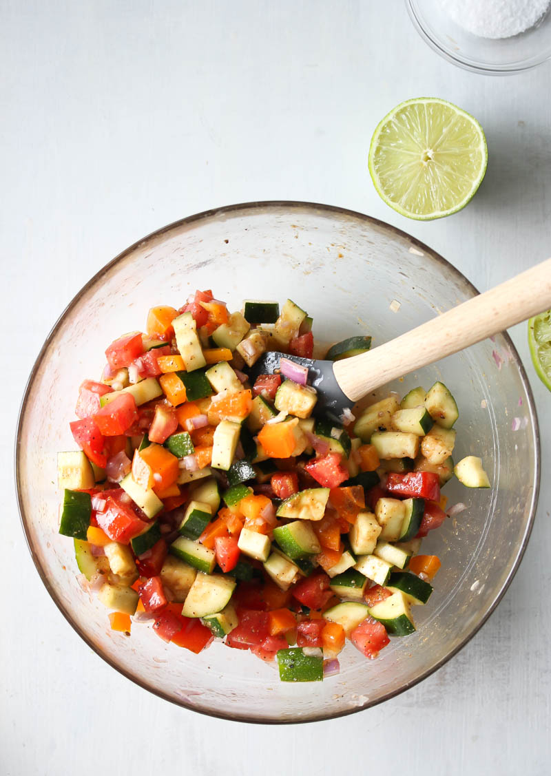 Chive Corn Fritters with Roasted Zucchini Salsa | dishingouthealth.com