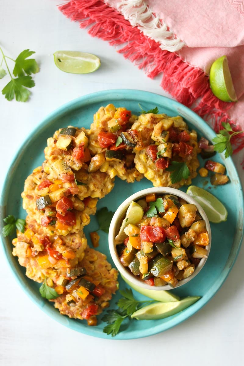 Chive Corn Fritters with Roasted Zucchini Salsa | dishingouthealth.com