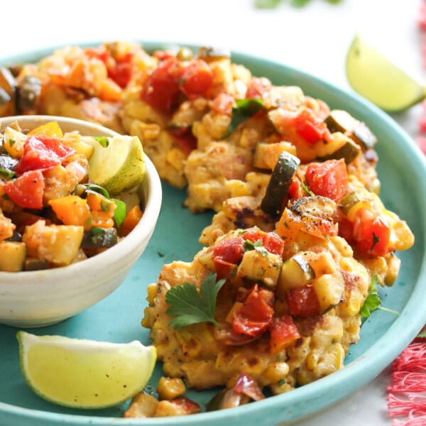Chive Corn Fritters with Roasted Zucchini Salsa | dishingouthealth.com