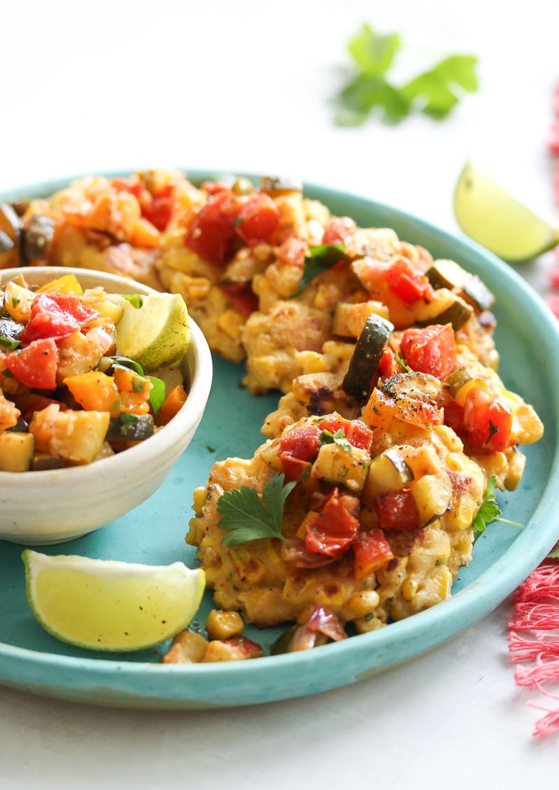 Chive Corn Fritters with Roasted Zucchini Salsa | dishingouthealth.com