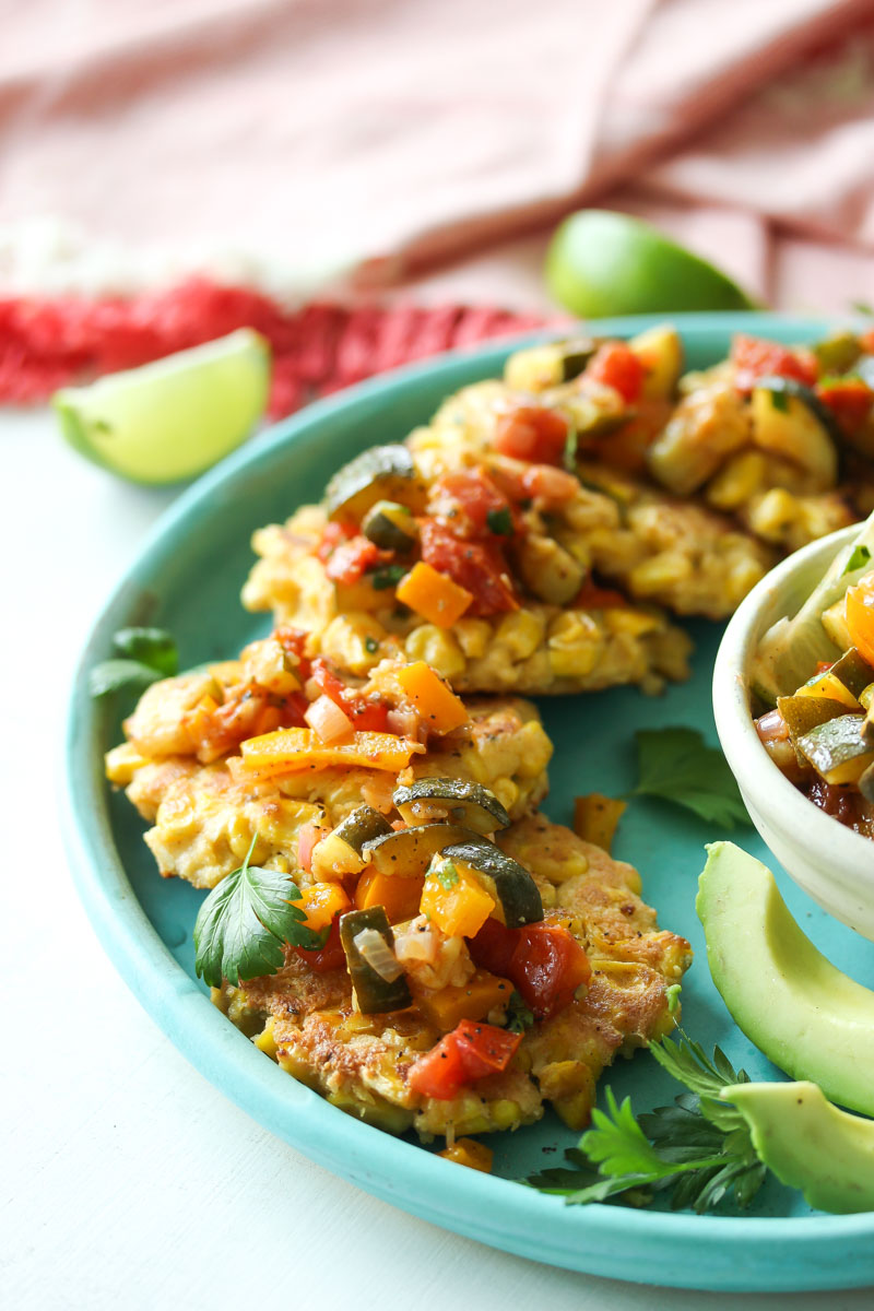 Chive Corn Fritters with Roasted Zucchini Salsa | dishingouthealth.com
