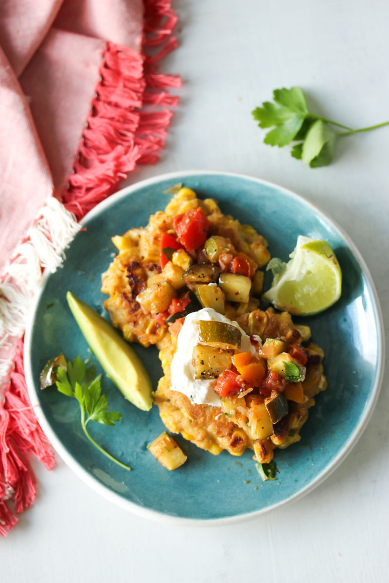 Chive Corn Fritters with Roasted Zucchini Salsa | dishingouthealth.com