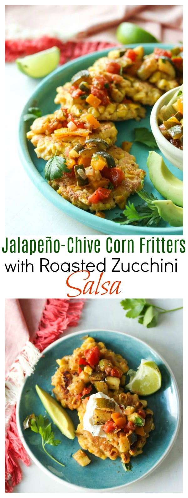 Jalapeno-Chive Corn Fritters with Roasted Zucchini Salsa | dishingouthealth.com