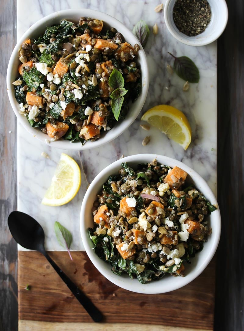 Lentil Kale Salad with Sweet Potato and Tahini | dishingouthealth.com