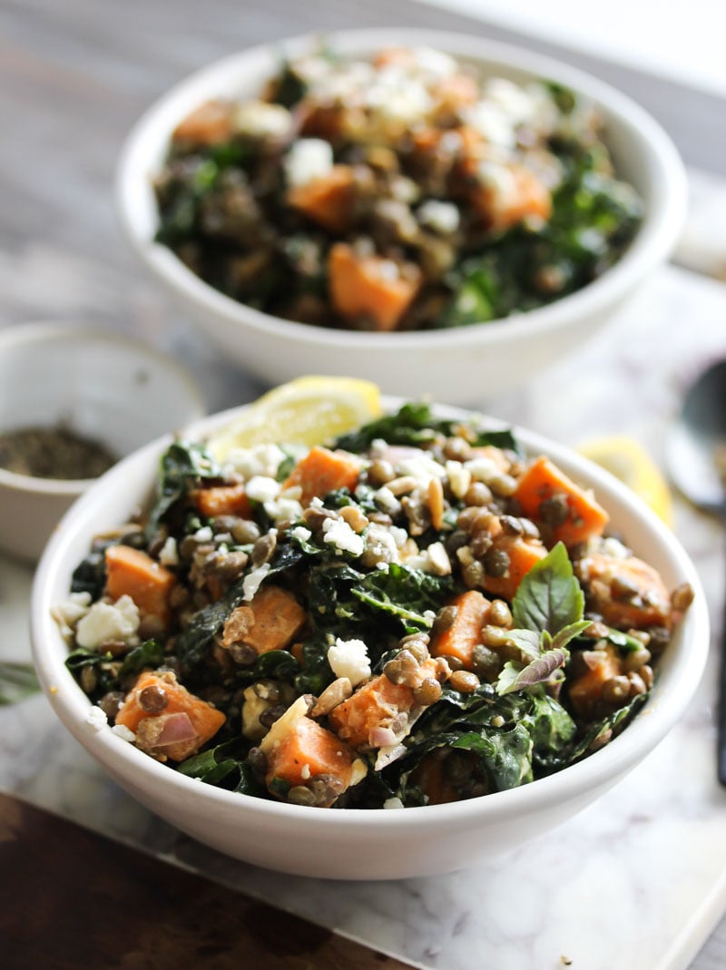 Lentil Kale Salad with Sweet Potato and Tahini | dishingouthealth.com