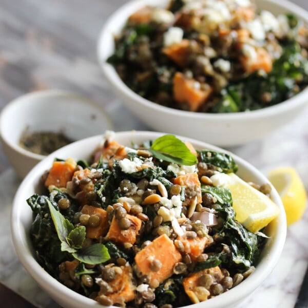 Lentil Kale Salad with Sweet Potato and Tahini | dishingouthealth.com