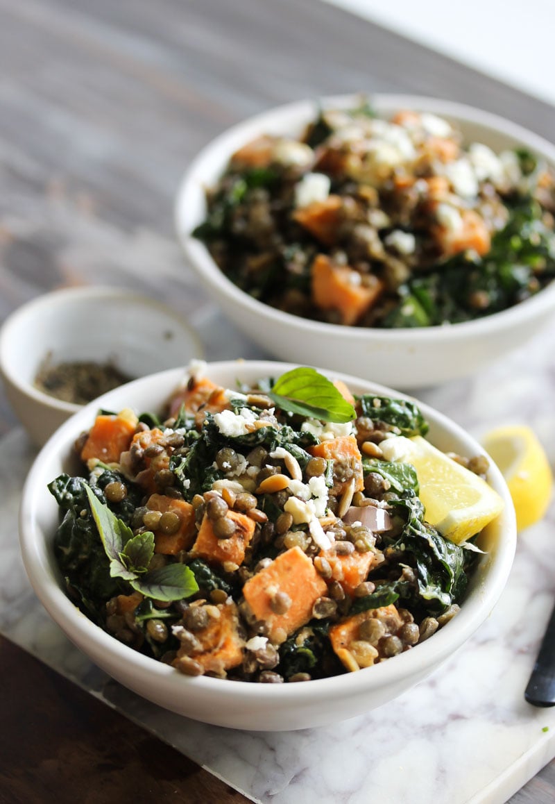 Lentil Kale Salad with Sweet Potato and Tahini | dishingouthealth.com