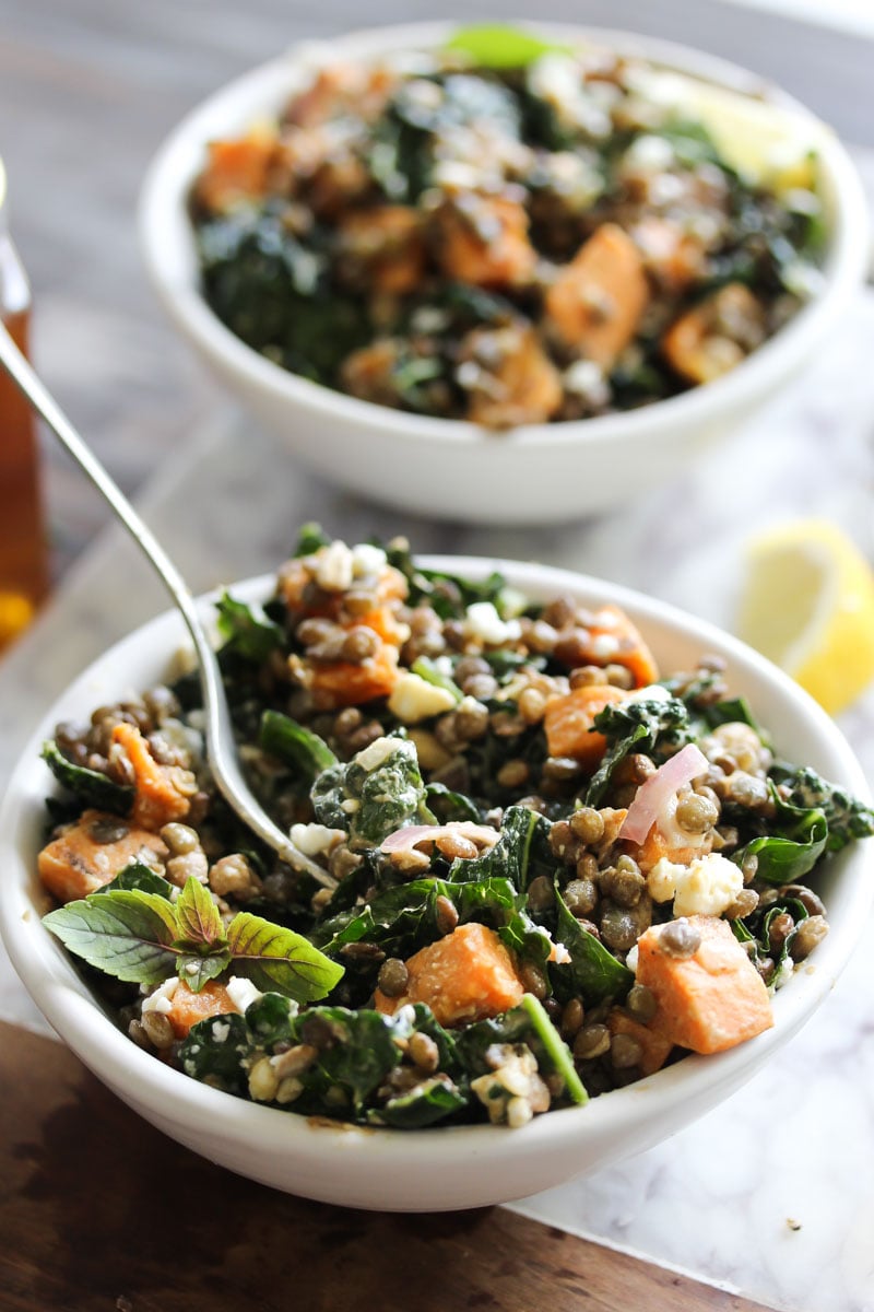 Lentil Kale Salad with Sweet Potato and Tahini | dishingouthealth.com