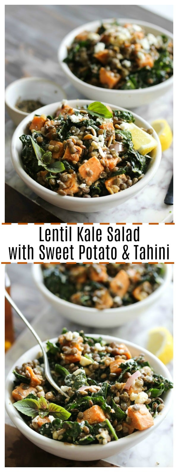 Lentil Kale Salad with Sweet Potato and Tahini | dishingouthealth.com