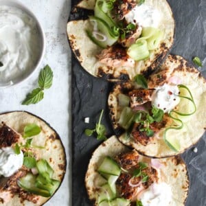 Sumac Salmon Tacos with Coriander-Mint Yogurt | dishingouthealth.com