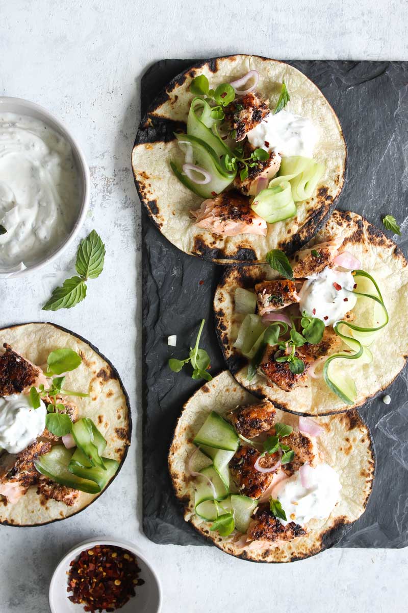 Sumac Salmon Tacos with Coriander-Mint Yogurt | dishingouthealth.com