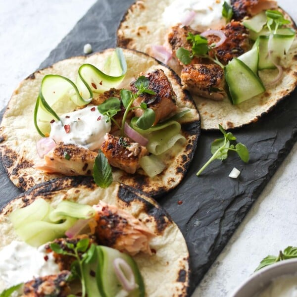 Sumac Salmon Tacos with Coriander-Mint Yogurt | dishingouthealth.com