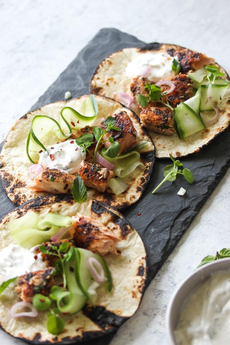 Sumac Salmon Tacos with Coriander-Mint Yogurt | dishingouthealth.com