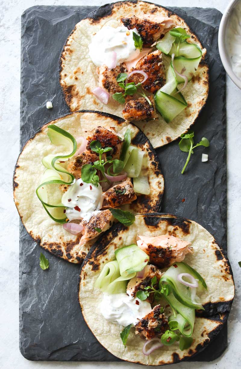 Sumac Salmon Tacos with Coriander-Mint Yogurt | dishingouthealth.com