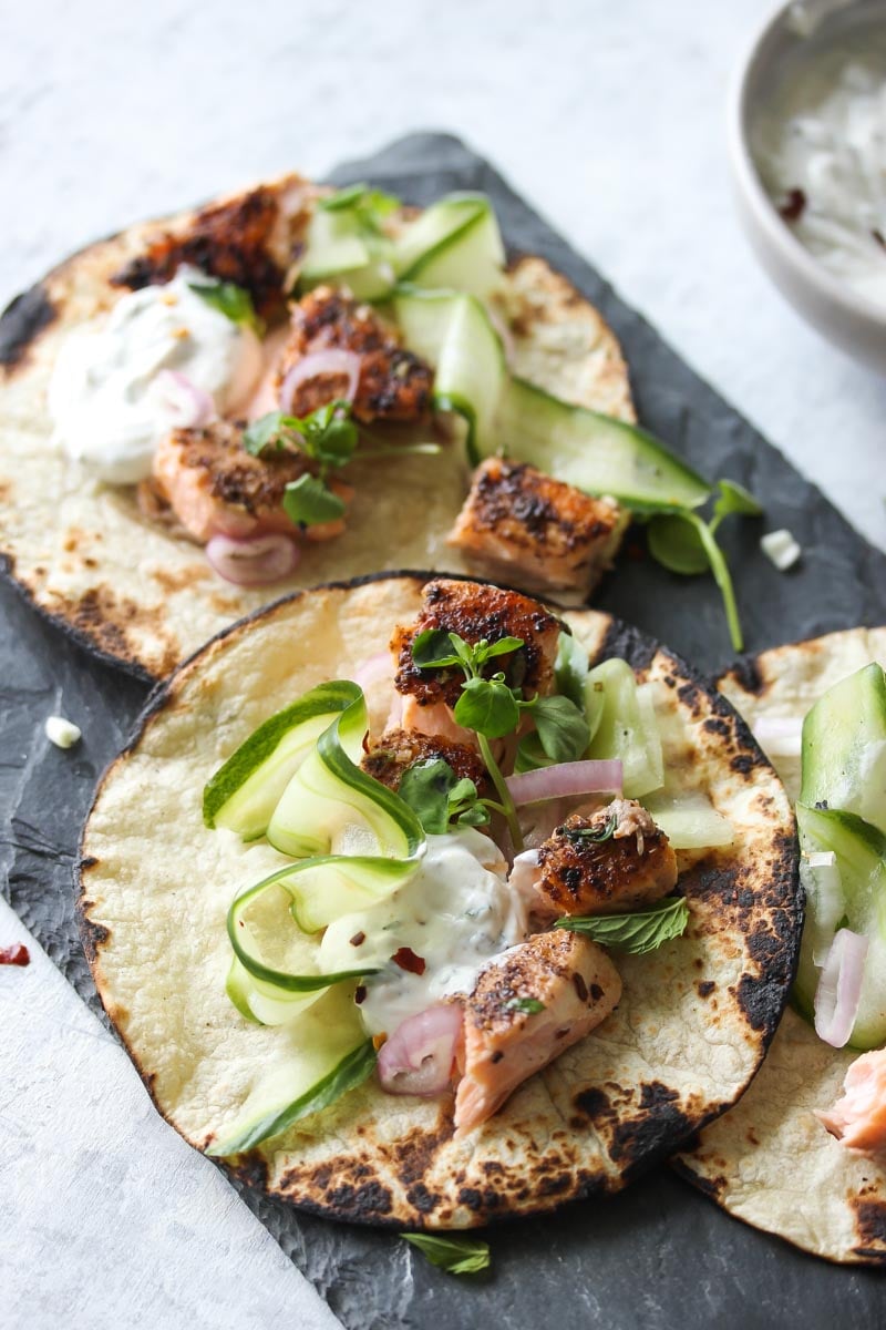 Sumac Salmon Tacos with Coriander-Mint Yogurt | dishingouthealth.com