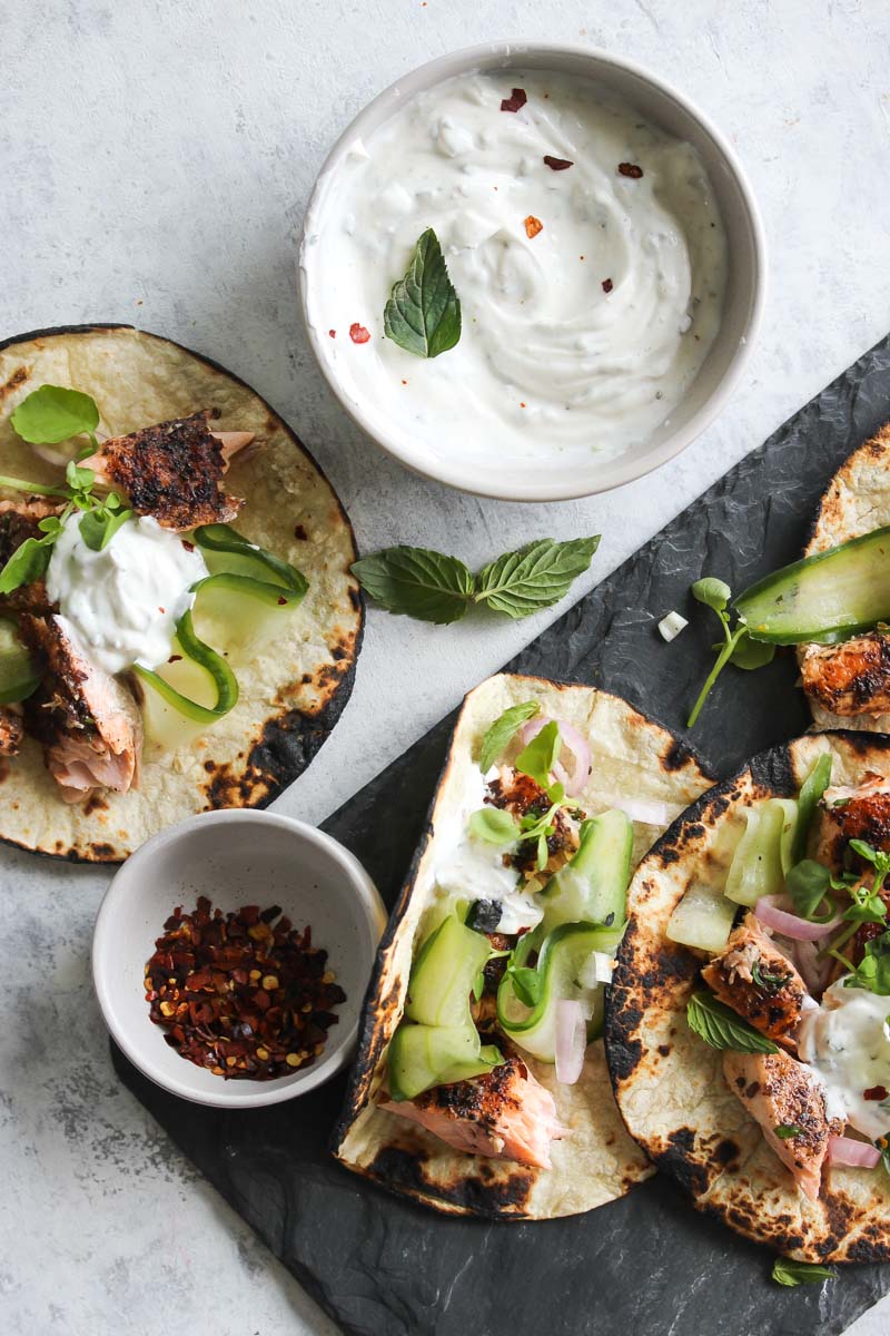 Sumac Salmon Tacos with Coriander-Mint Yogurt | dishingouthealth.com