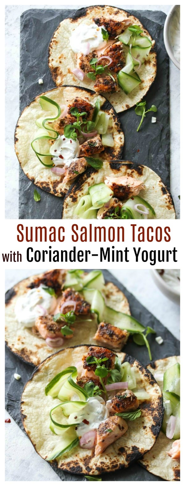 Sumac Salmon Tacos with Coriander-Mint Yogurt | dishingouthealth.com